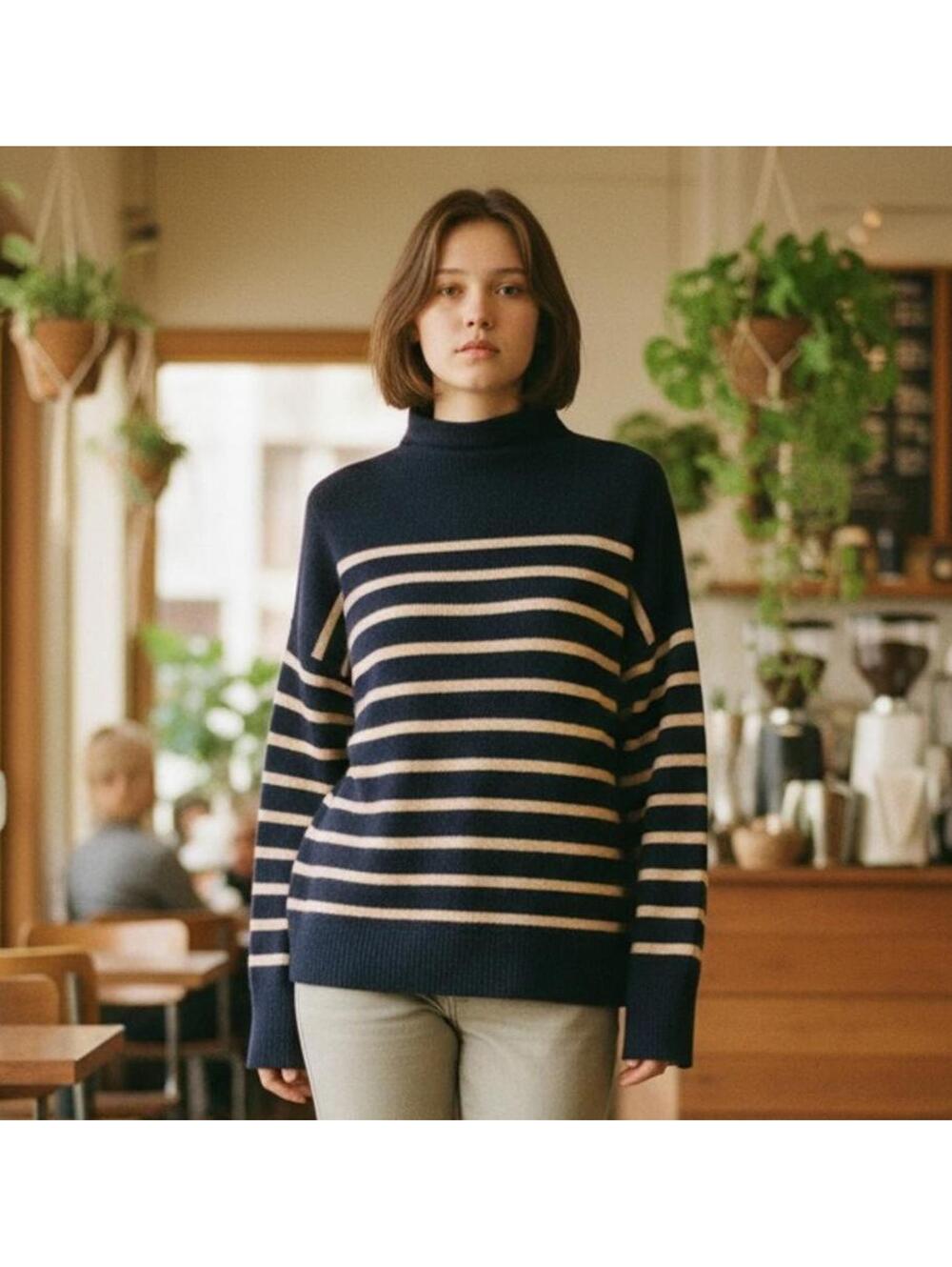 Magaschoni Cashmere Knit Funnel Neck Sweater Striped Blue Camel Soft Womens - M